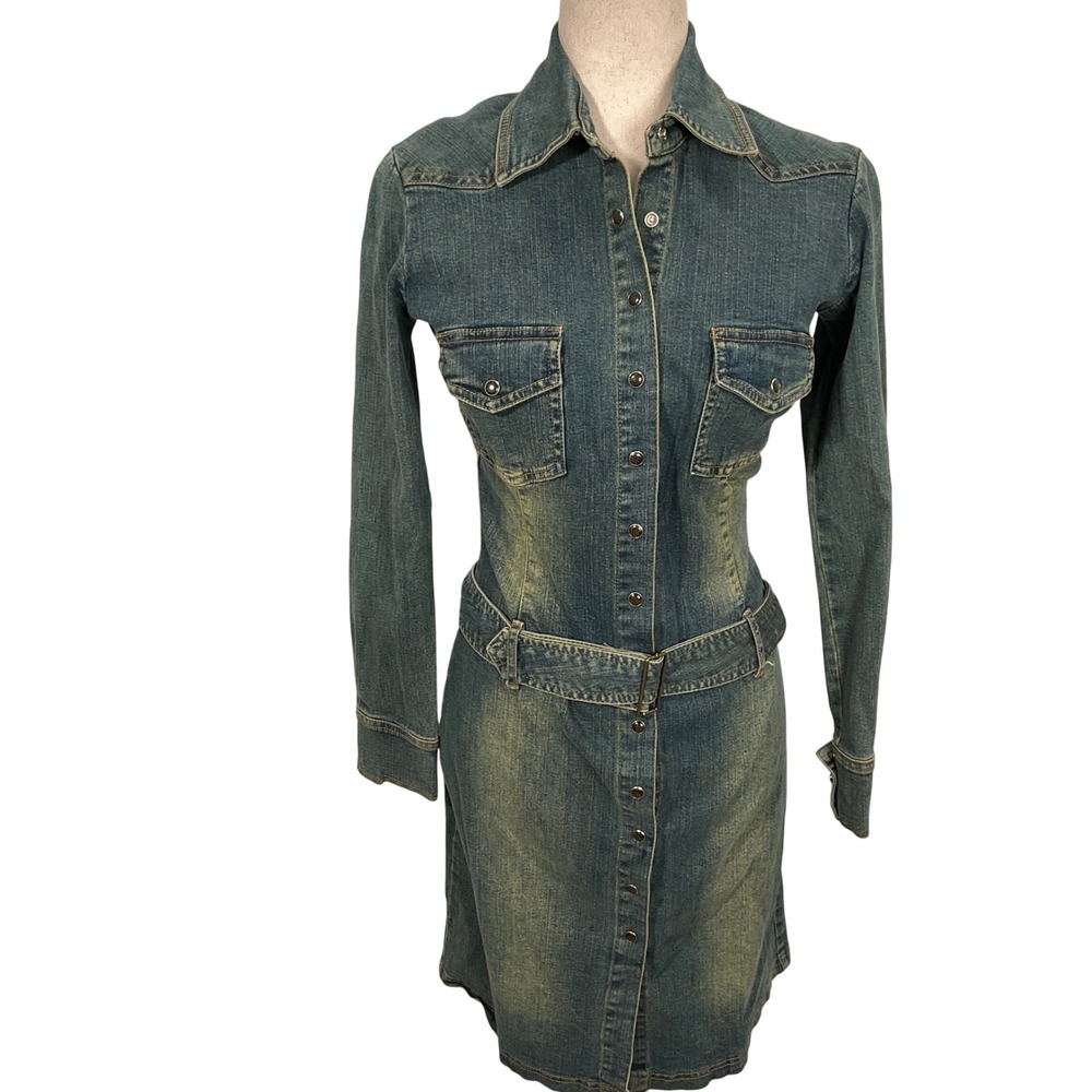 HOTKISS Denim Dress Womens XSmall Vintage Wash Blue Western 80s Stretch VTG‎